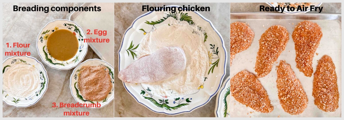 Collage of 3 photos showing breading process for Air Fryer Fried Chicken