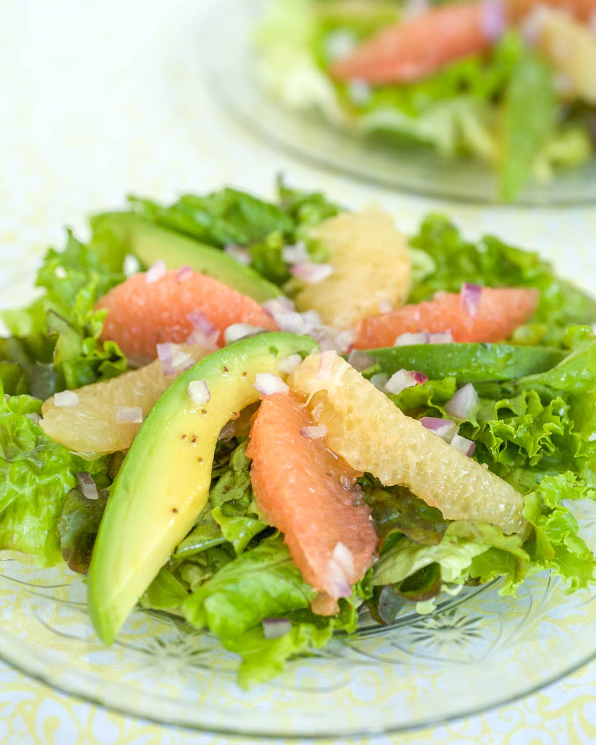 Individual serving of Avocado Grapefruit Salad with slices of avocado, pink, and white grapefruit alternating in a pinwheel on greens