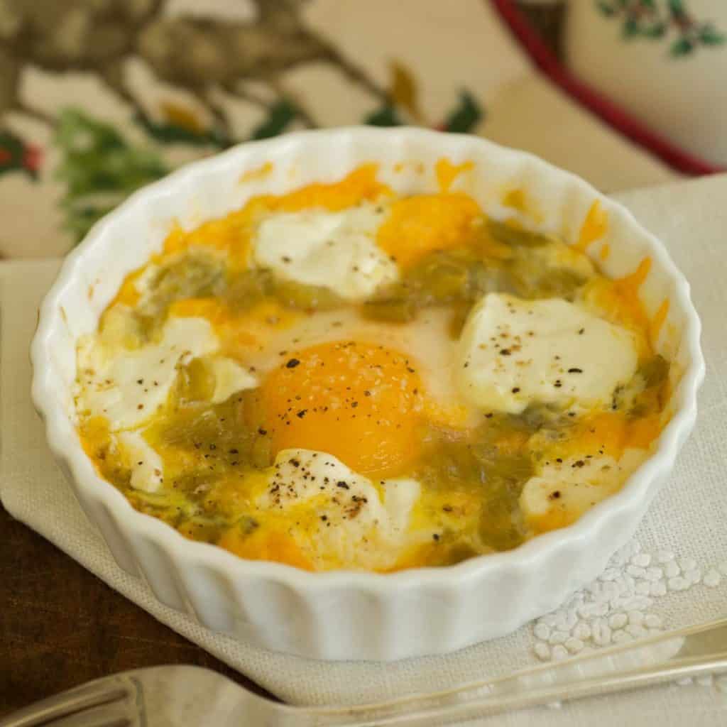 White ramekin filled with Christmas Morning Eggs