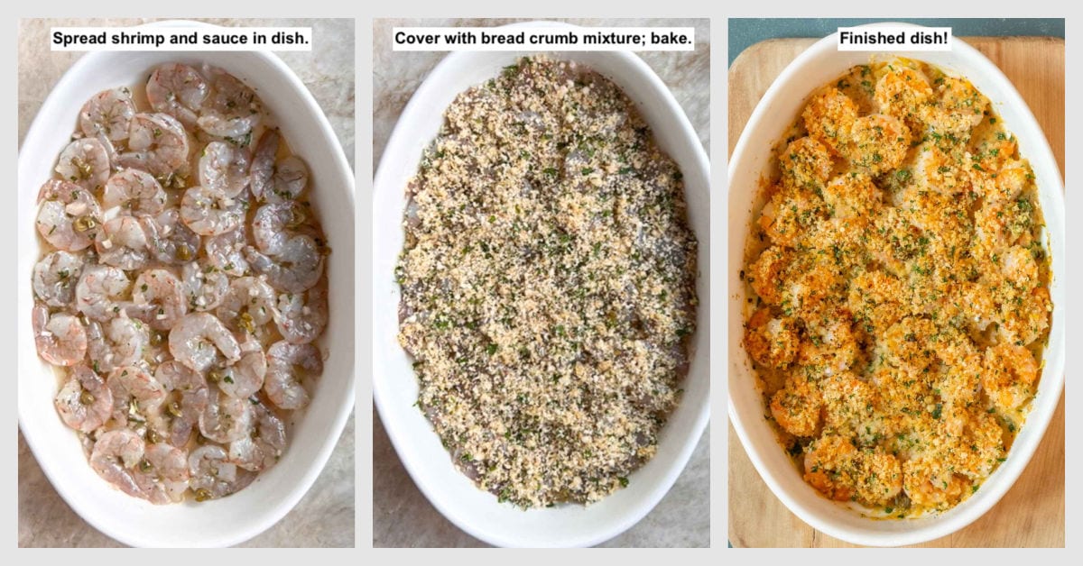 collage of 3 photos showing how to make Baked Shrimp 