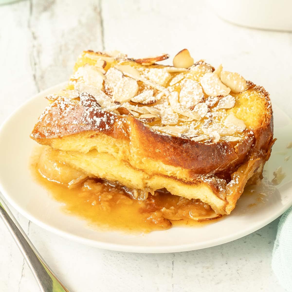 Close up of a single slice of Baked Banana French Toast