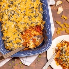 Blue dish filled with Beef, Spinach and Noodle Casserole