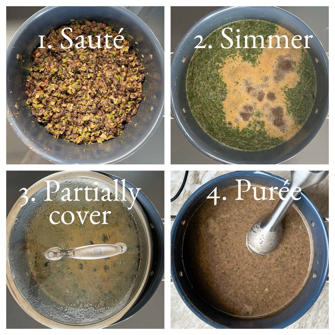 collage of 4 main steps in making Black Bean Soup