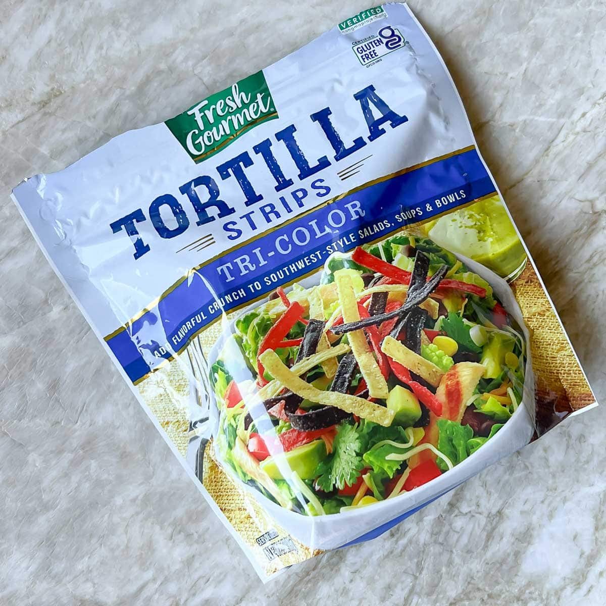 bag of purchased multi-colored tortilla strips