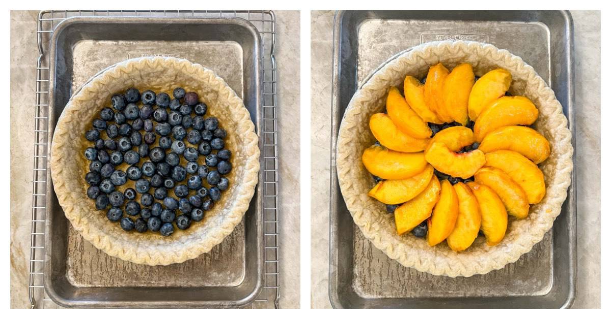 two overhead shots, one on left showing blueberrries in pie crust and one on the right showing peaches on top of blueberries