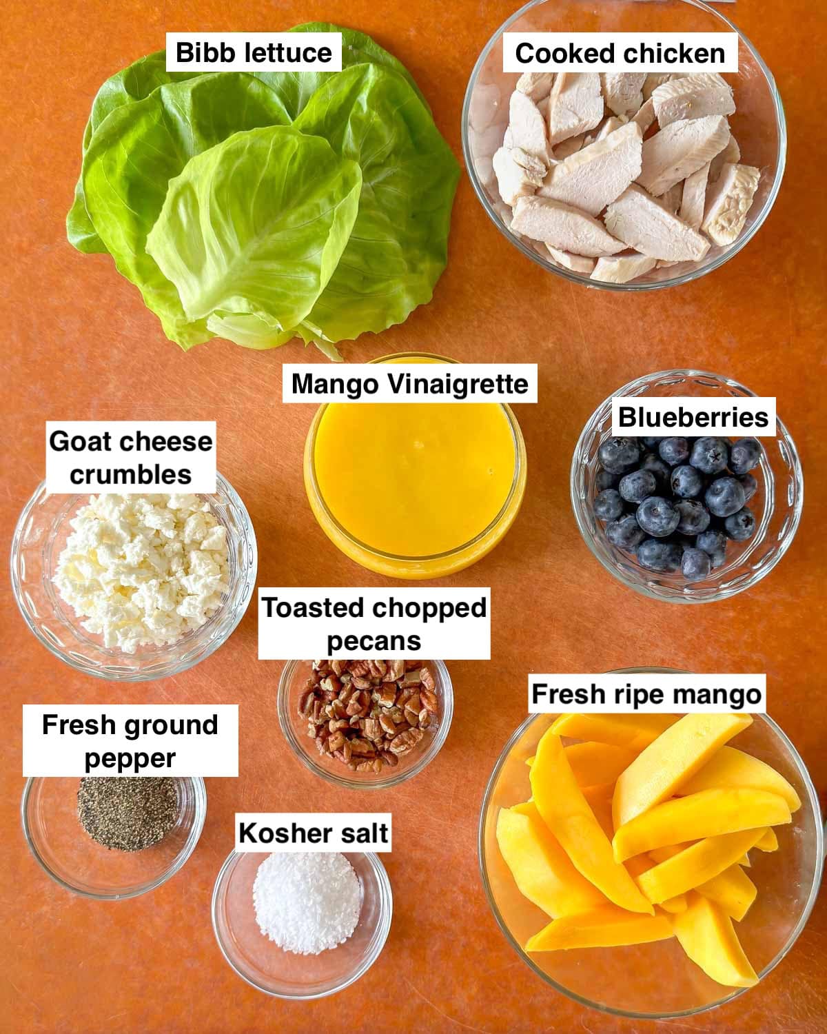 all the ingredients needed to prepare Blueberry Chicken Salad, prepped.
