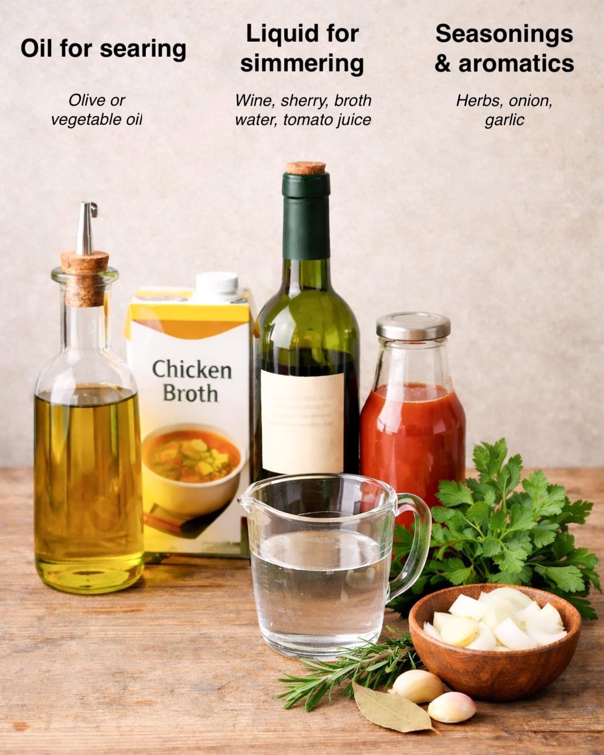 sampling of the ingredients needed for braising chicken - oil, various liquids, herbs, and other seasonings.