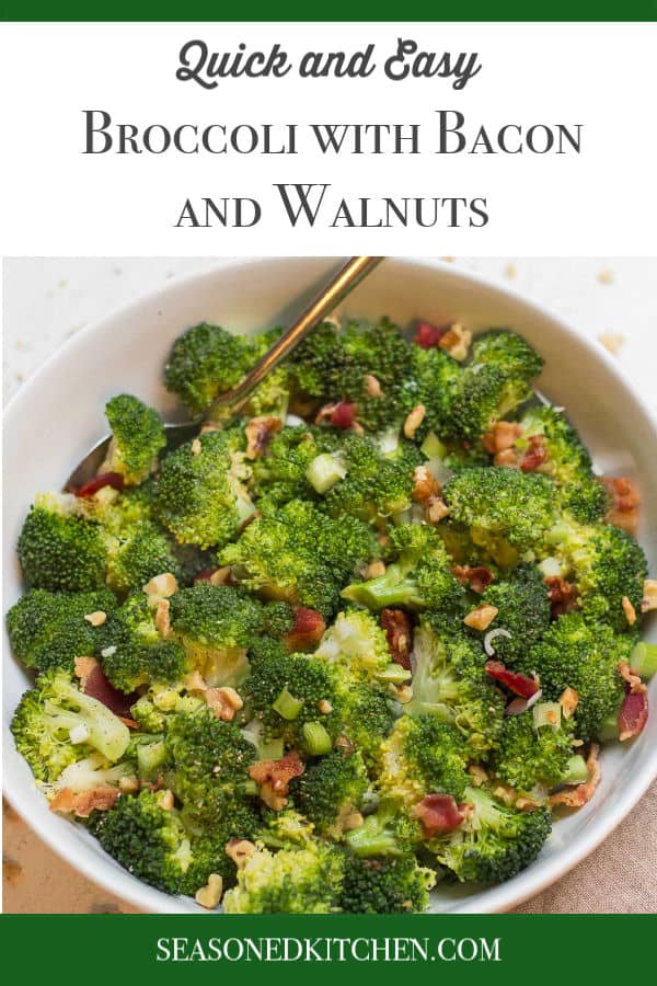 Round white bowl filled with Broccoli with Bacon and Walnuts