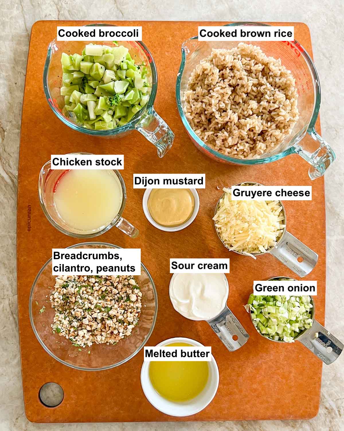 overhead view of all of the ingredients in Cheesy Broccoli Rice Casserole