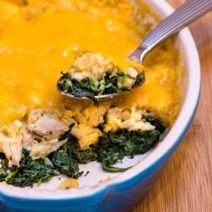 casserole dish filled with Busy Night Chicken with Spinach