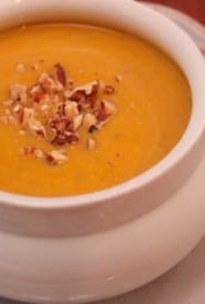 White soup bowl filled with Butternut Squash Soup
