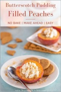 White platter holding Butterscotch Pudding Filled Peaches, with recipe title on the top. Image is for repinning