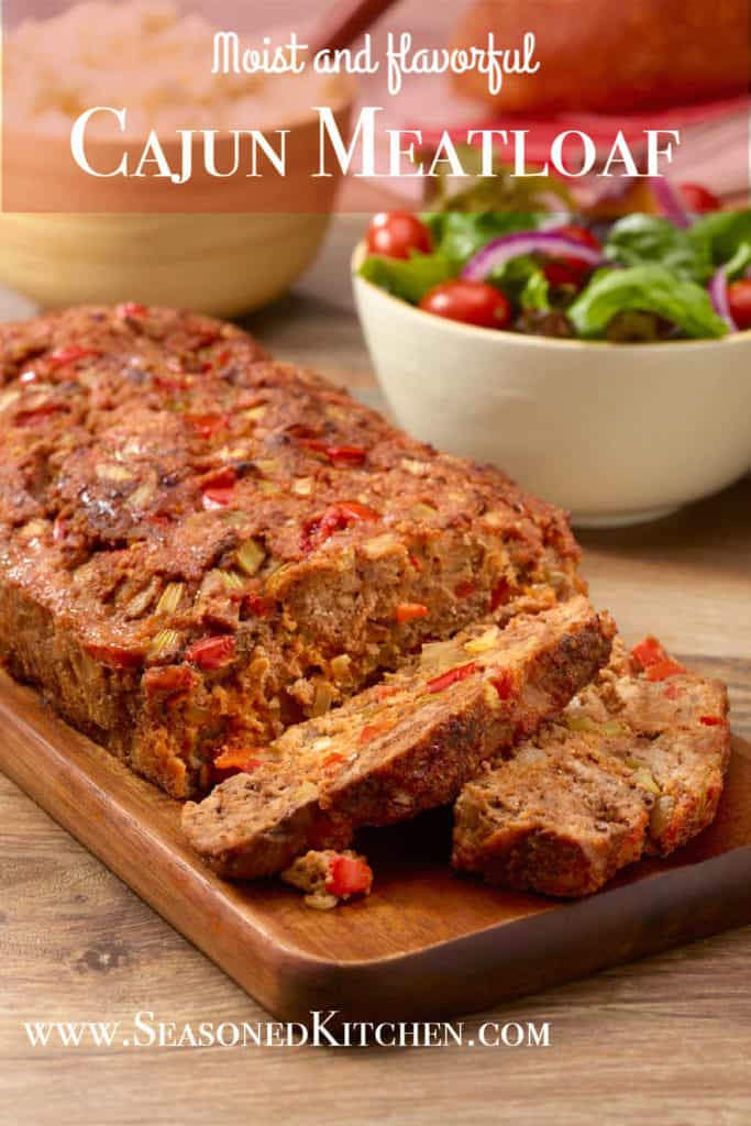 Cutting board with slices of Cajun Meatloaf