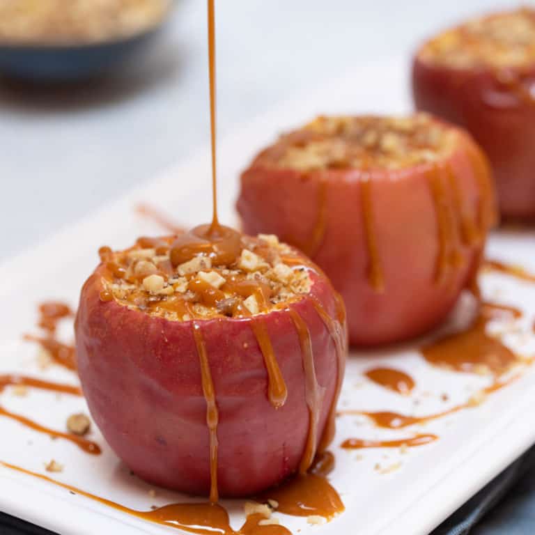 White platter with Caramel Cheesecake Apples