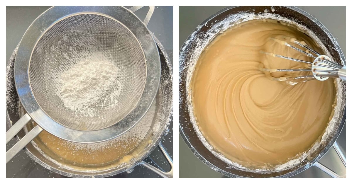 collage of 2 photos, first showing whisking in powdered sugar, the second showing finished frosting