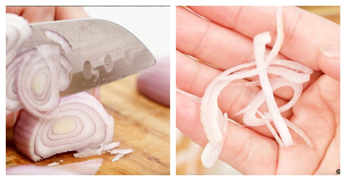 two photos, first slicing a shallot, the second a hand showing shallot rings