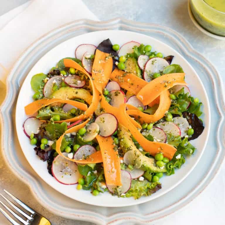 Shaved carrots, radishes, avocado, feta chees and lemon basil vinaigrette