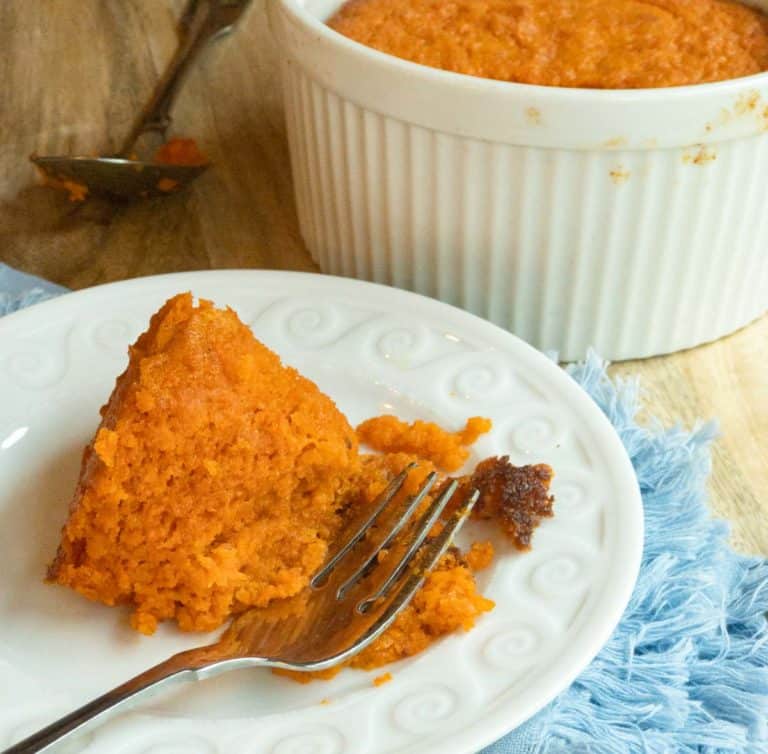 small with plate with a serving of Roasted Carrot Souffle