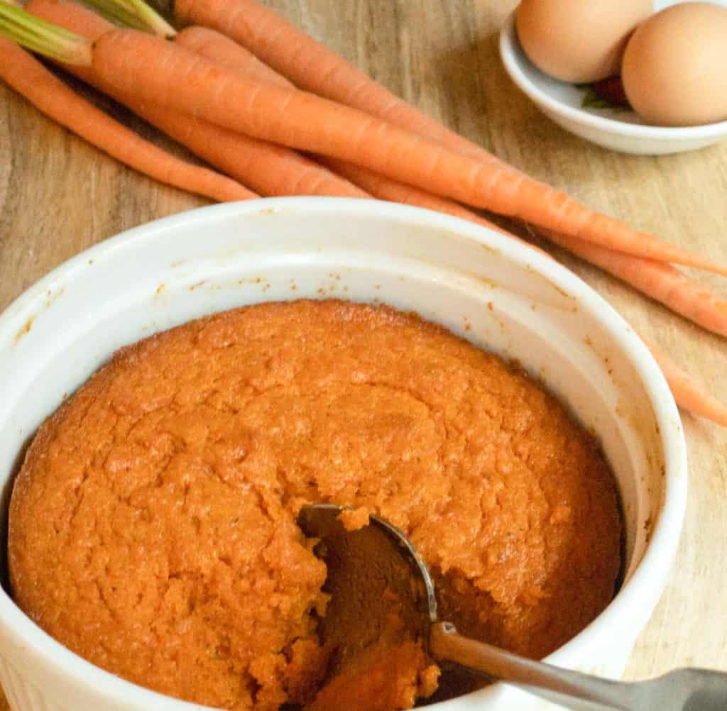 white souffle dish with Roasted Carrot Souffle