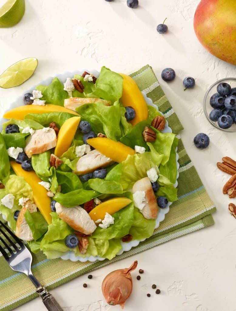 white plate filled with Chicken, Blueberry and Mango Salad