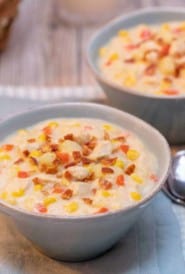 close up of two bowls filled with portions of Corn and Chicken Chowder