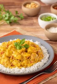 A portion of Chicken Curry with Coconut Milk atop basmati rice with toppings on the side