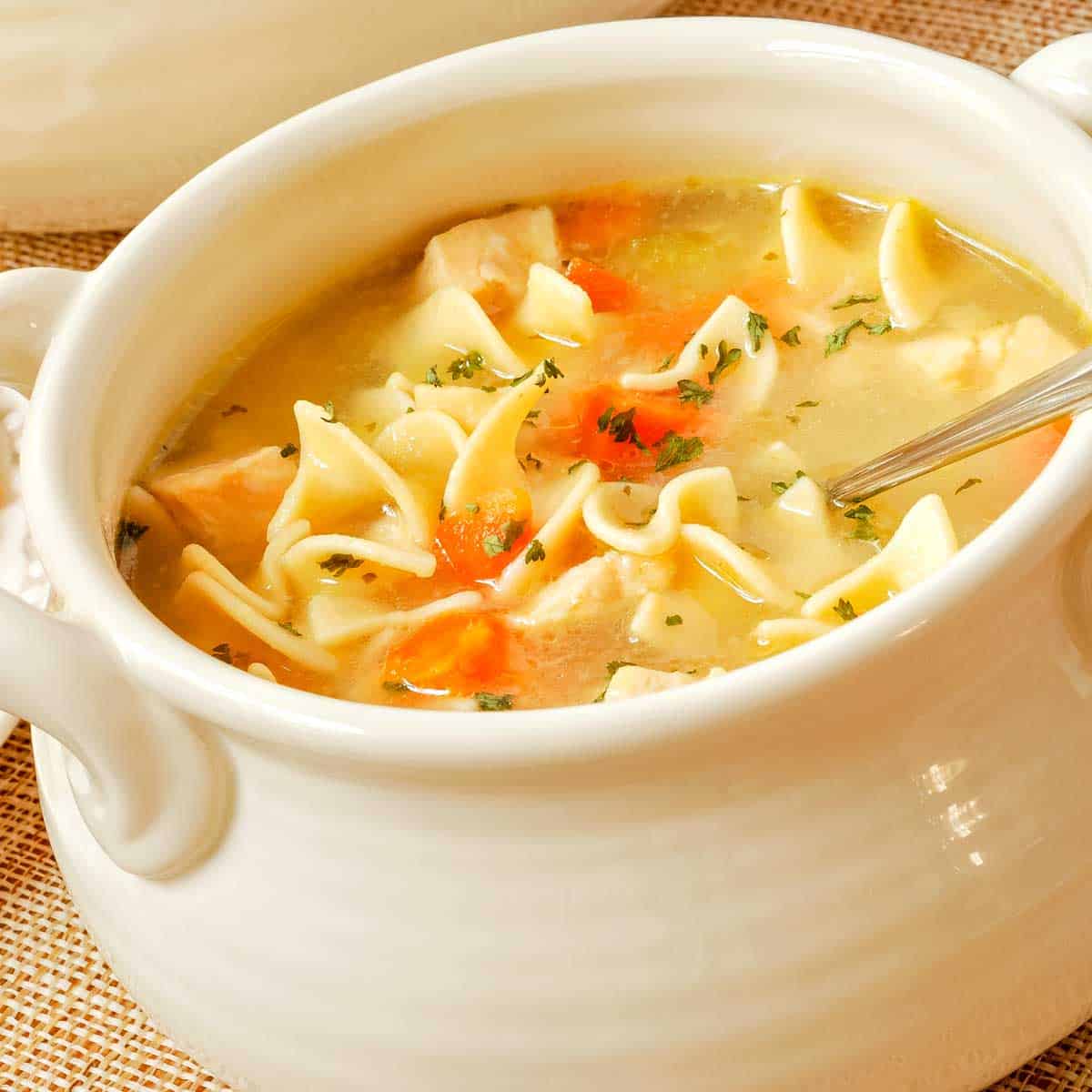 closes up of a white bowl showing a single serving of Chicken Noodle Soup.