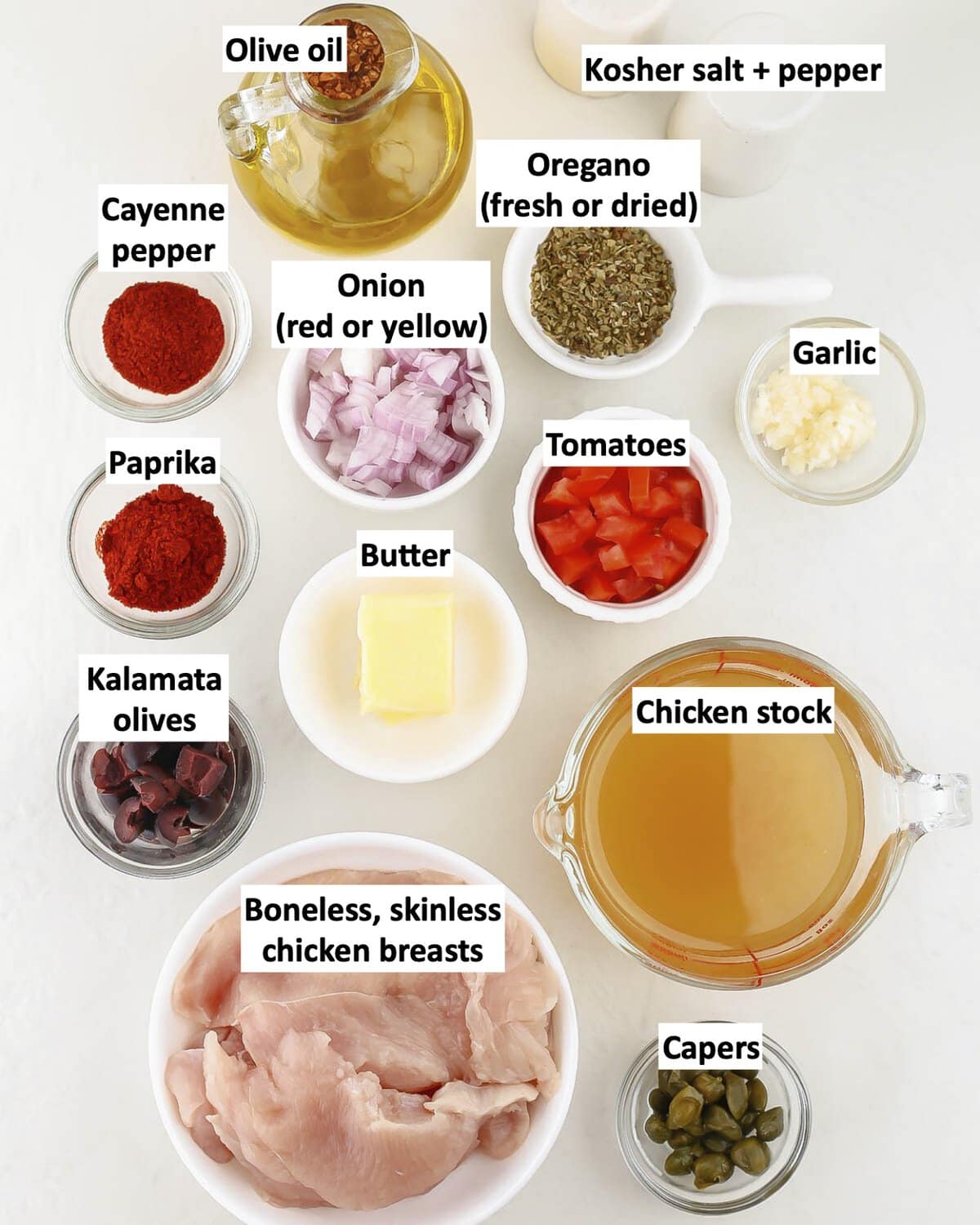 Ingredients to make Chicken with Tomatoes and Olives, prepped and sitting on a countertop.