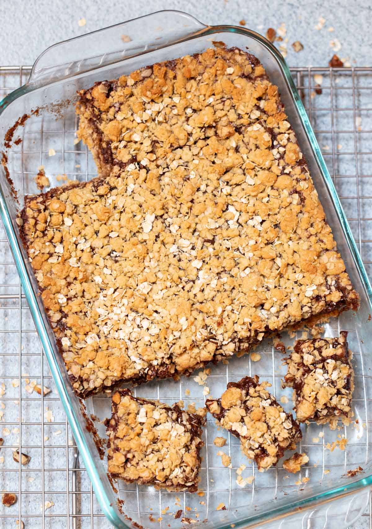 baking dish filled with Layered Oatmeal Chocolate Bars