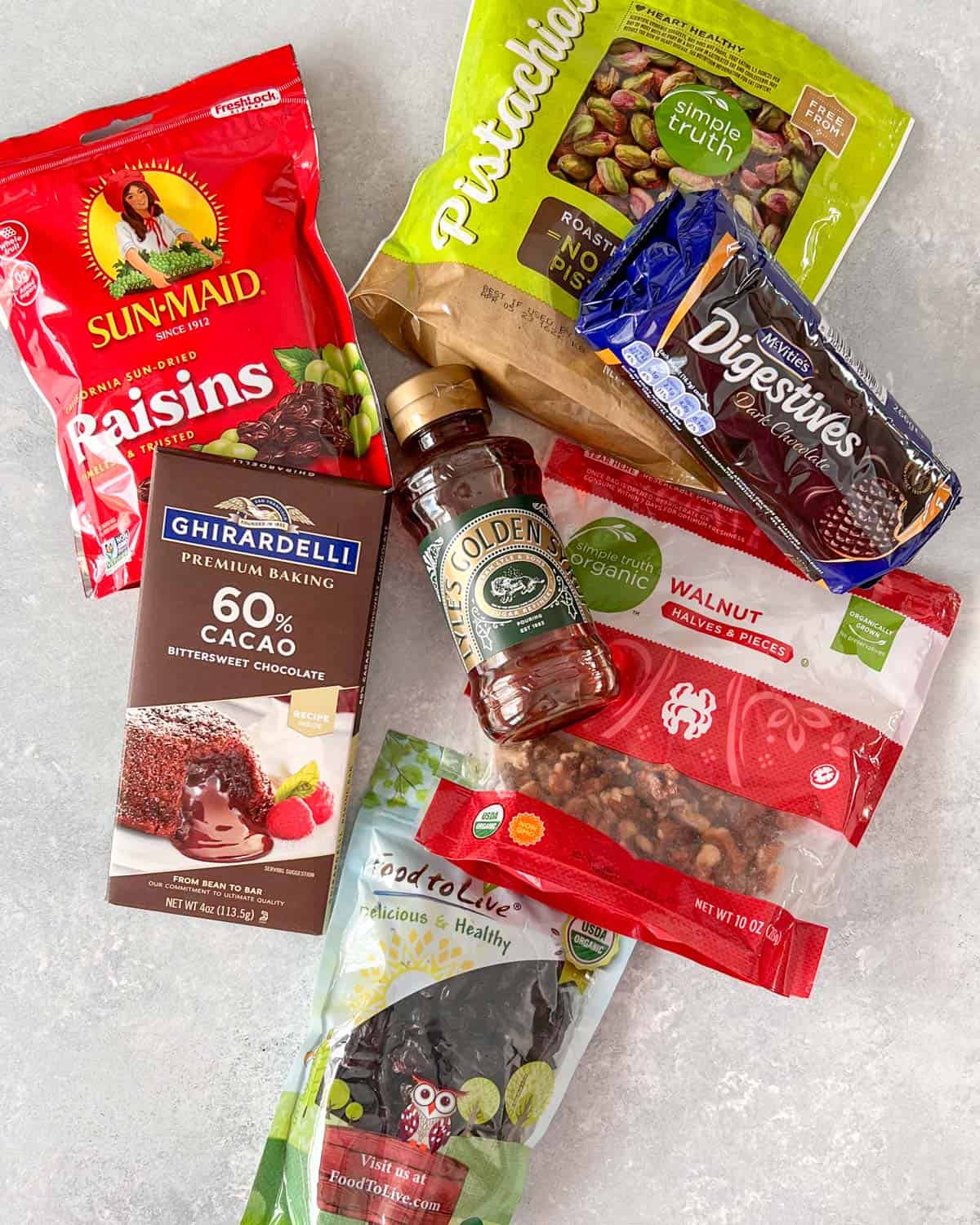 overhead view of ingredients needed to make chocolate biscuit cake.