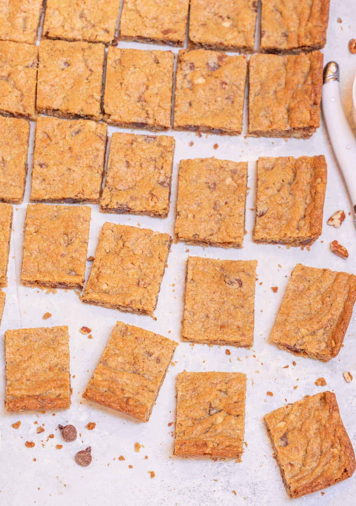 overhead shot of Toffee-Chocolate Chip Cookie Bars in a single layer.
