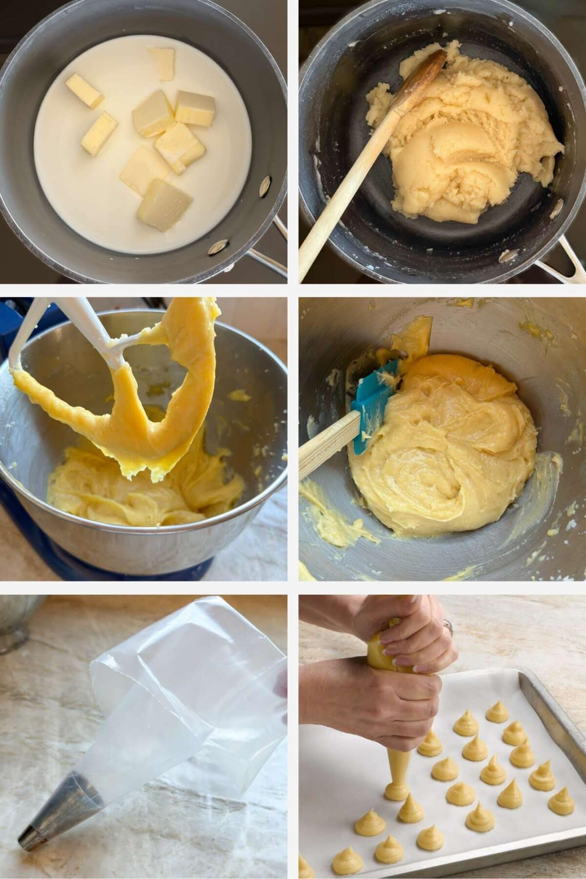 collage of 6 photos showing the various steps in preparing choux pastry