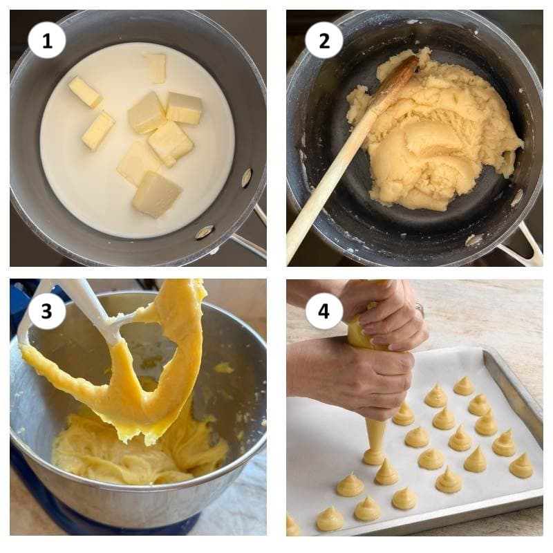 collage of 4 photos showing the steps in preparing choux pastry.