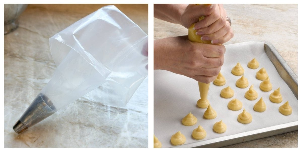 two photos, first showing piping bag with tip, second demonstrating how to pipe dough for choux pastry.