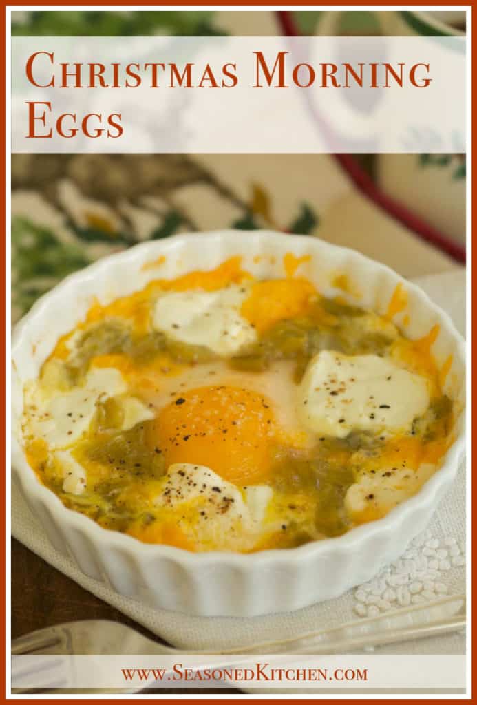 Close up of Christmas Morning Eggs in a white ramekin