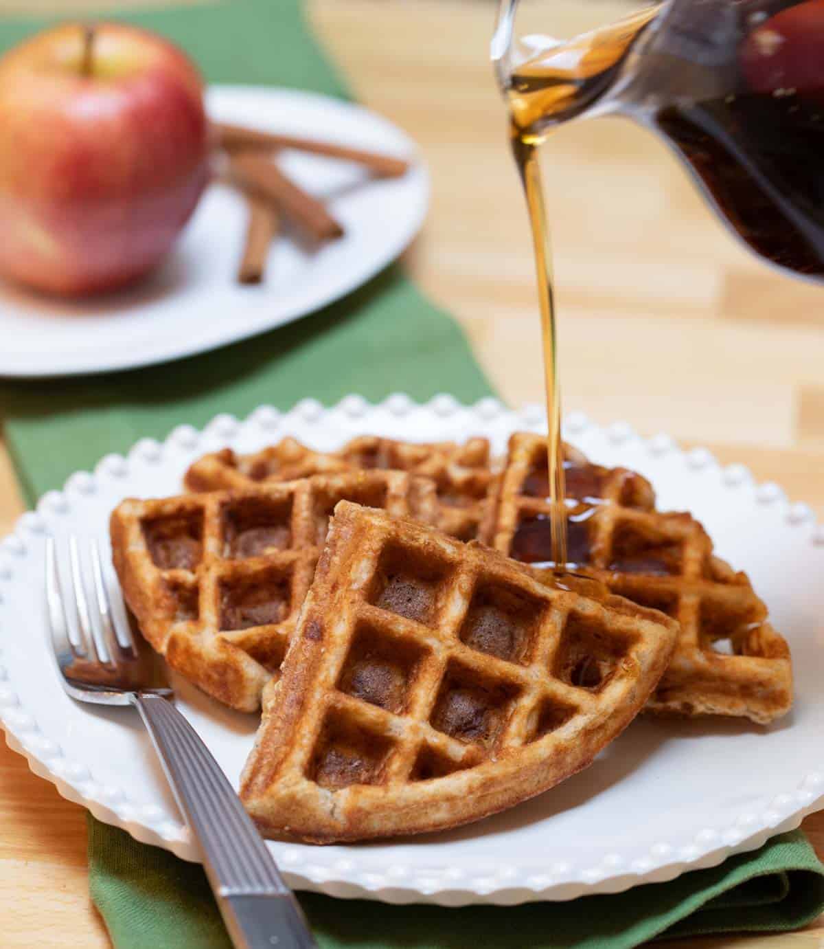 White plate with Cinnamon Apple Waffles