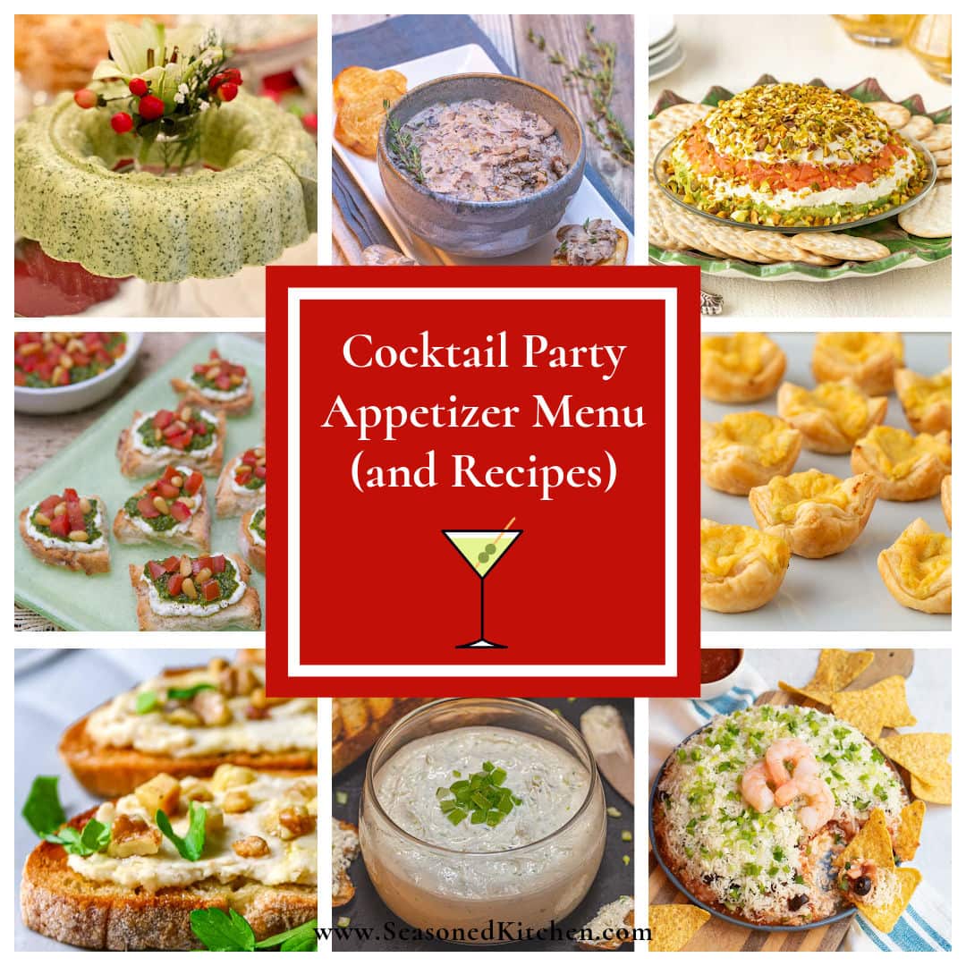 collage of photos showing the recipes included in the Cocktail Party Appetizer Menu
