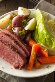 white plate with Mom's Corned Beef and Cabbage
