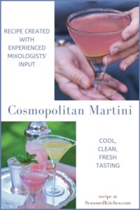 Two images of a Cosmopolitan Martini, with text, to be pinned on Pinterest