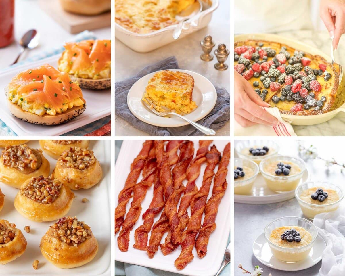 Easter brunch menu ideas collage with make-ahead recipes including casseroles, French toast, bacon, and other brunch dishes.