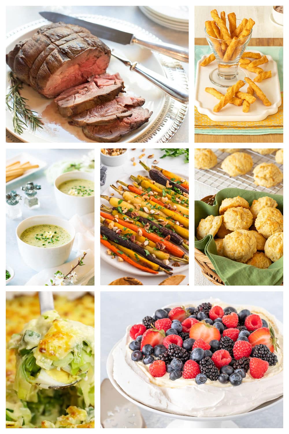 Collage of all 7 dishes in the Easter Dinner Menu, including lamb, spring vegetables, and fresh berries.