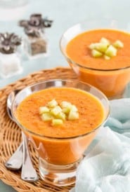 Close up of two glasses showing individual portions of Easy Gazpacho Recipe