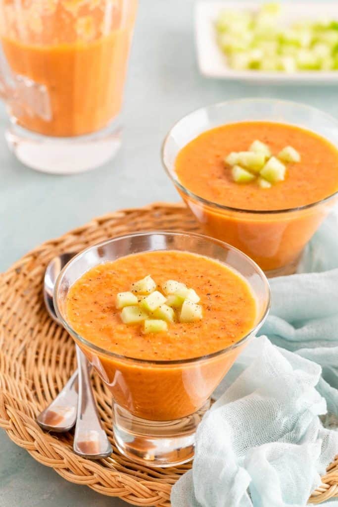 two clear glasses showing individual portions of Easy Gazpacho Recipe