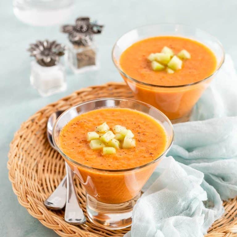 Close up of two glasses showing individual portions of Easy Gazpacho Recipe