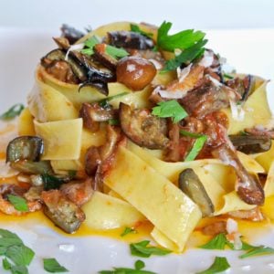 cooked eggplant and mushrooms tossed with wide pappardelle noodles, piled high.