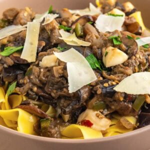 Eggplant mushroom pasta in a bowl.