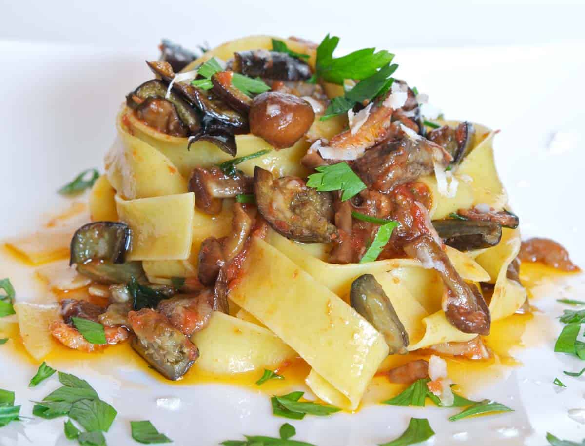 White plate with a large portion of Quick Eggplant and Mushroom Pappardelle
