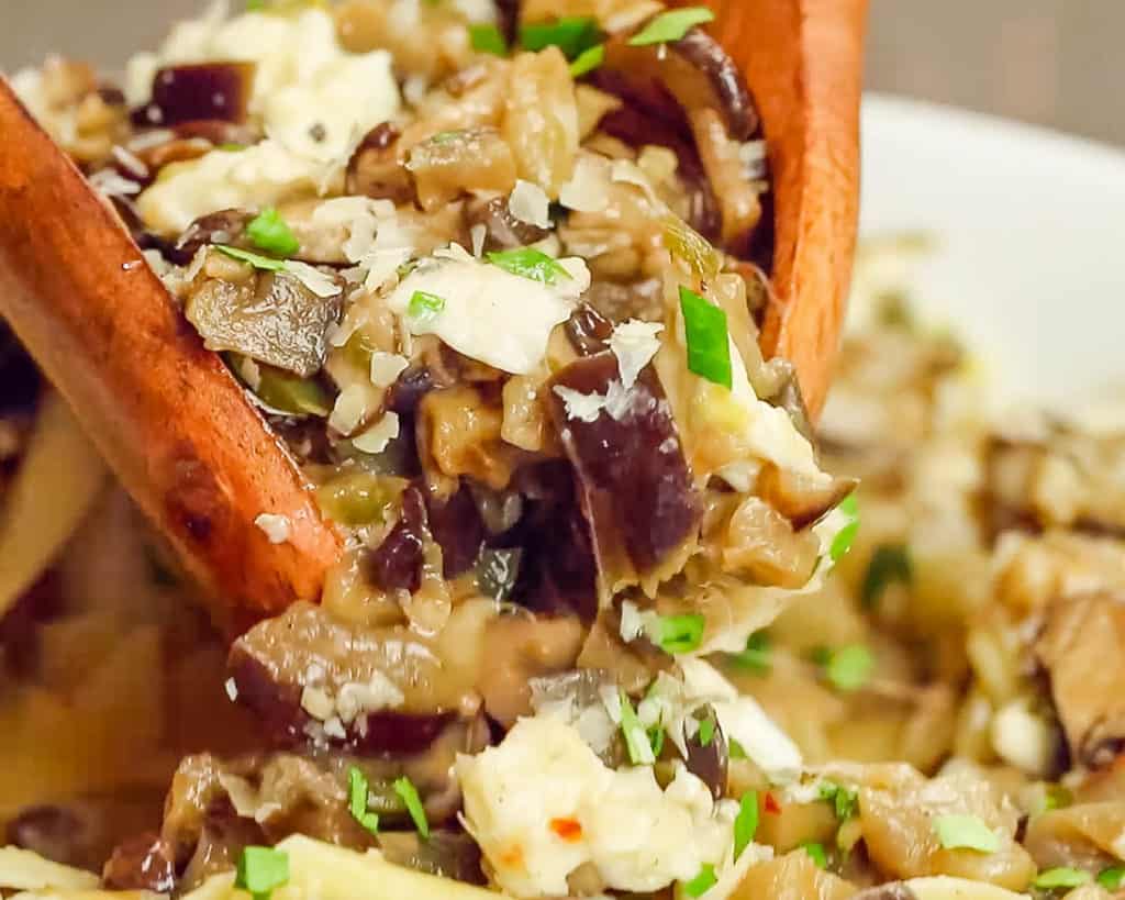 close up view of finished Eggplant and Mushroom Pappardelle