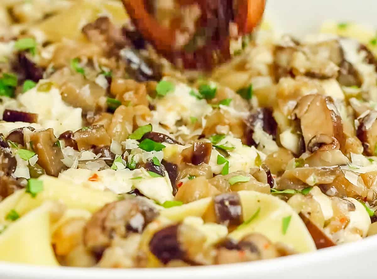 close up shot of finished eggplant and mushroom pasta