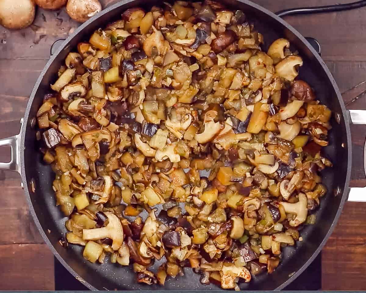 overhead view of cooked eggplant and mushrooms
